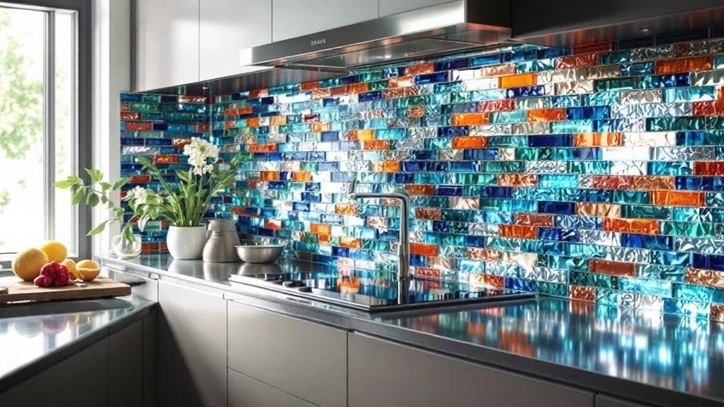 Kitchen with glass tile backsplash.